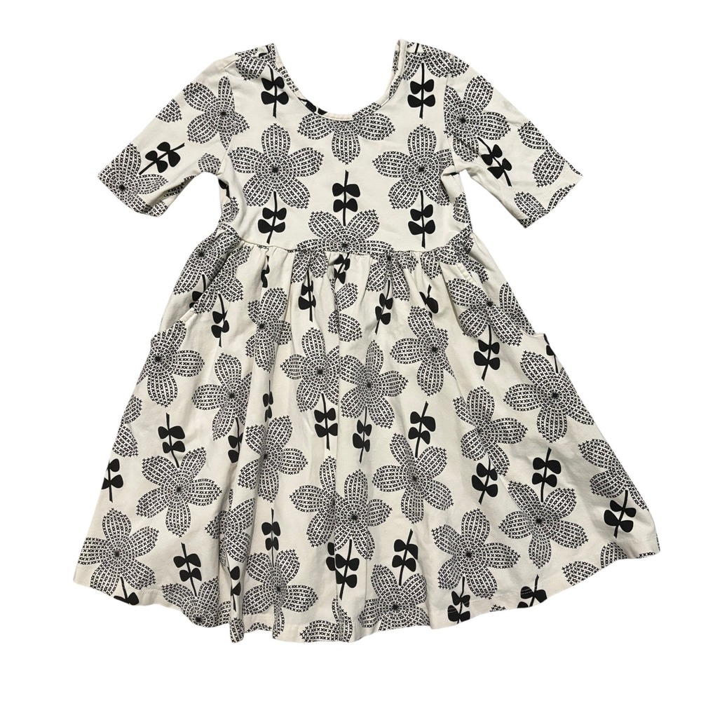 Hanna Andersson‎ Dress 5 Skater White Black Floral Dress Pockets Short Sleeve